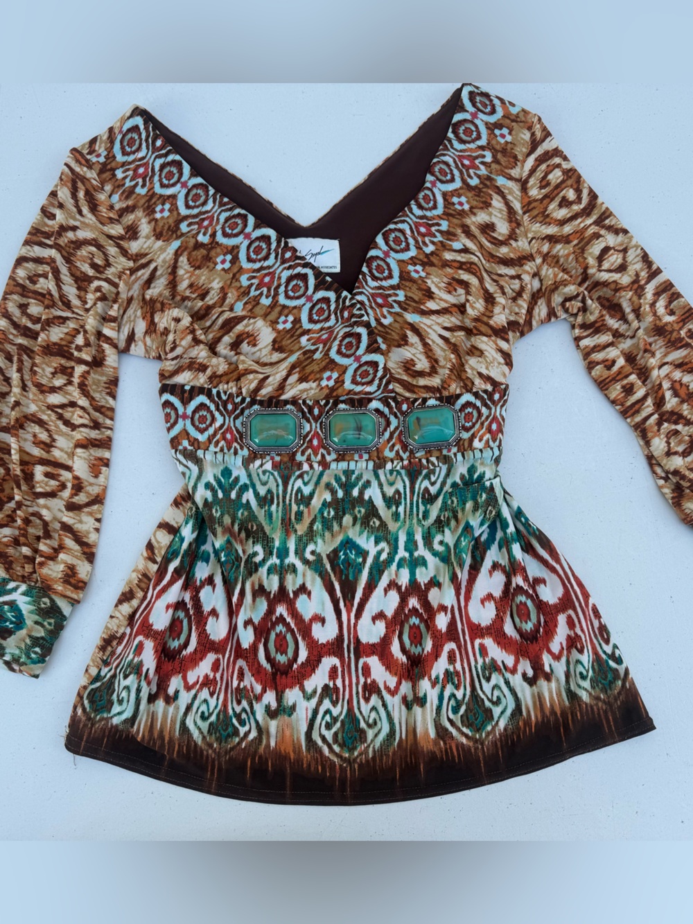 Vintage Boho Mixed-Print Long Sleeve Women's Top in Brown and Teal